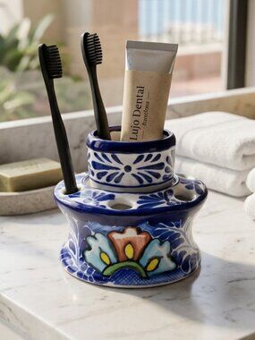 Talavera Zepeda Hand-Painted Ceramic Toothbrush Holder & Cup